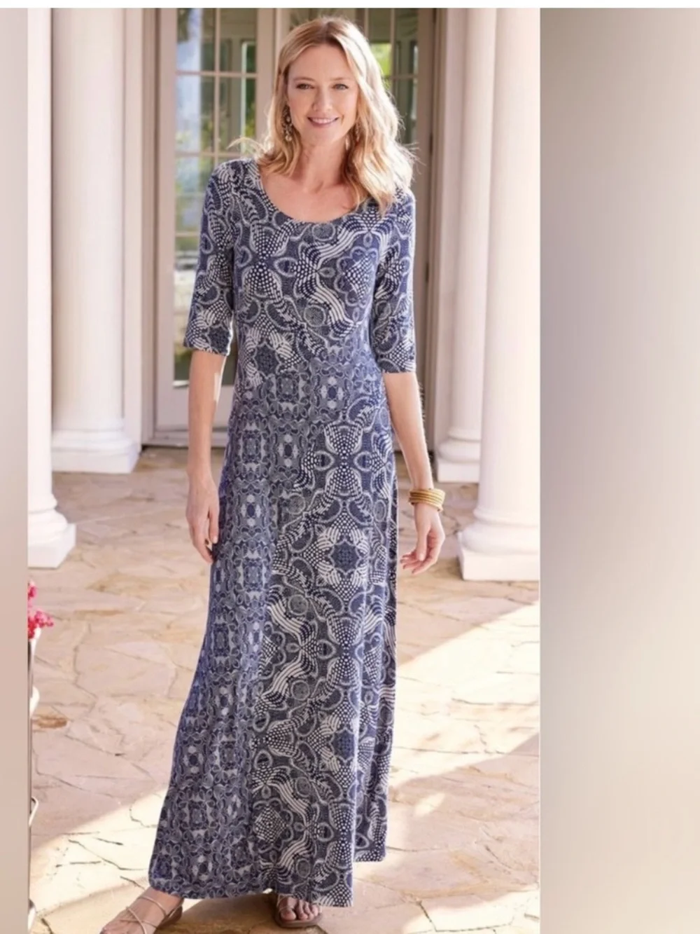 Soft Surroundings Juliette Jersey Navy & Neutral Tile Maxi Dress Size XL - Picture 2 of 11
